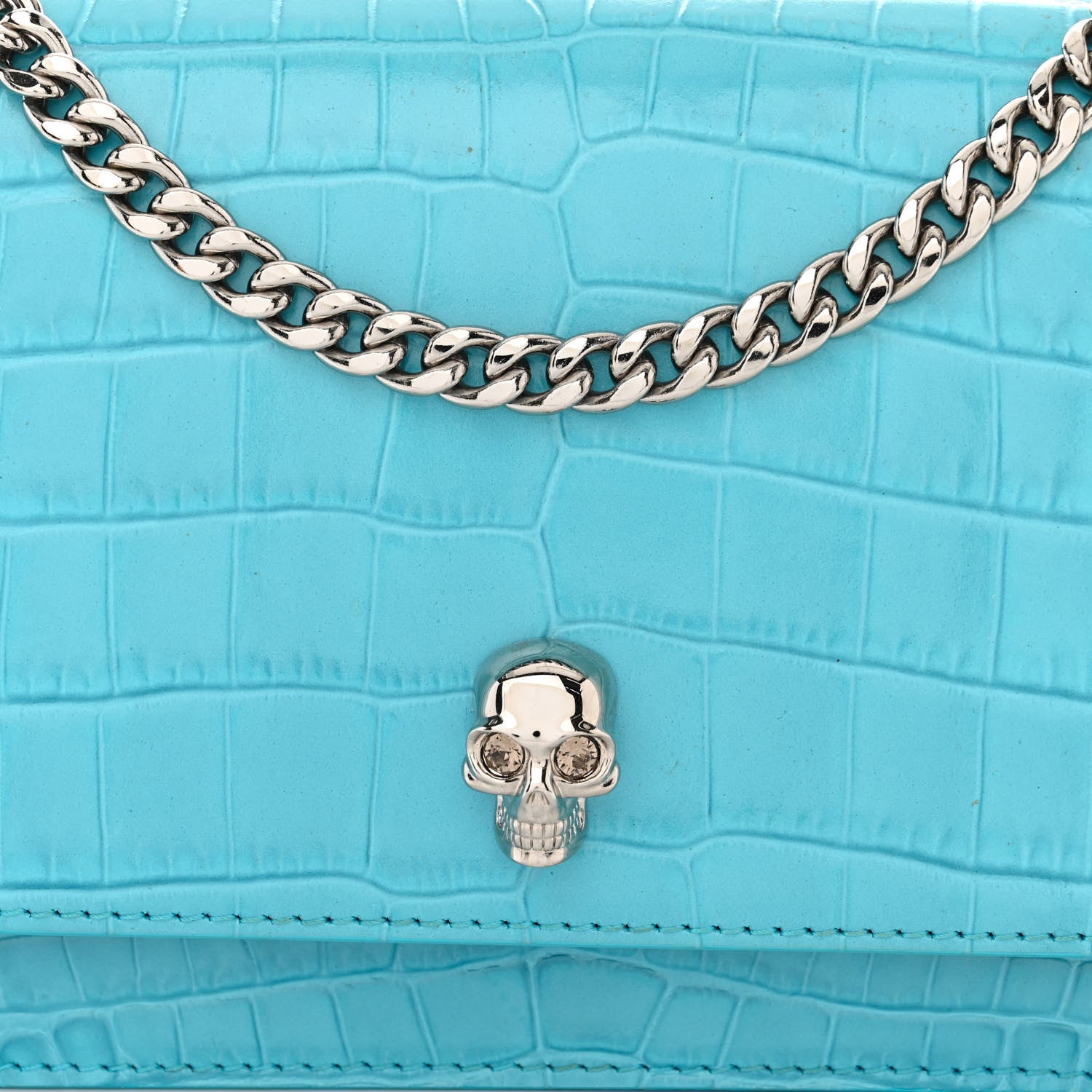 Alexander McQueen Calfskin Crocodile Embossed Skull Mini Crossbody Bag Cerulean 8 of 11