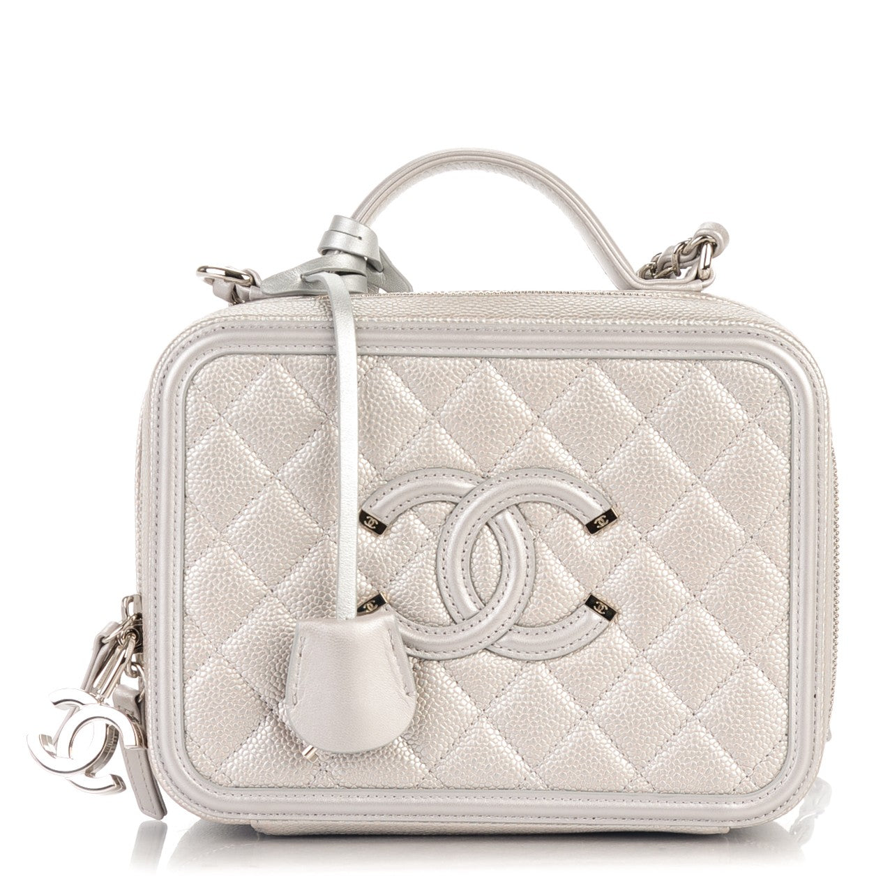 Metallic Caviar Quilted Medium CC Filigree Vanity Case Silver