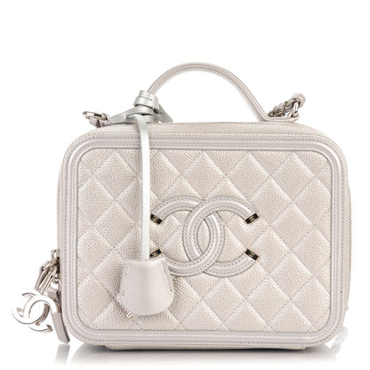 Chanel Metallic Caviar Quilted Medium CC Filigree Vanity Case Silver 1 of 7