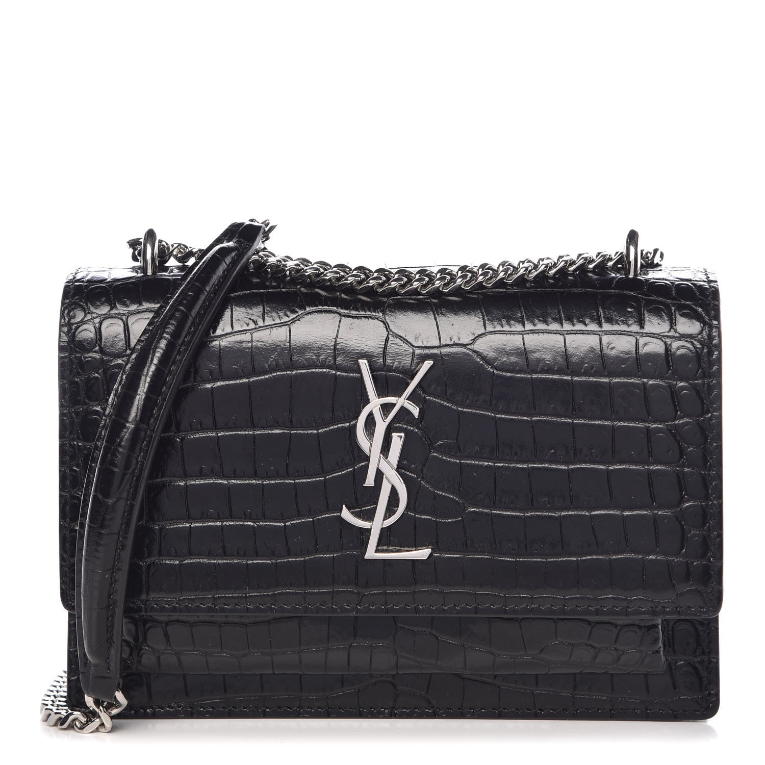 Saint Laurent Calfskin Crocodile Embossed Monogram Sunset Chain Wallet Black 1 of 7