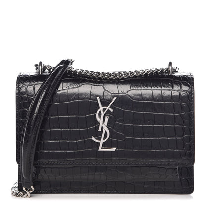 Saint Laurent Calfskin Crocodile Embossed Monogram Sunset Chain Wallet Black 1 of 7