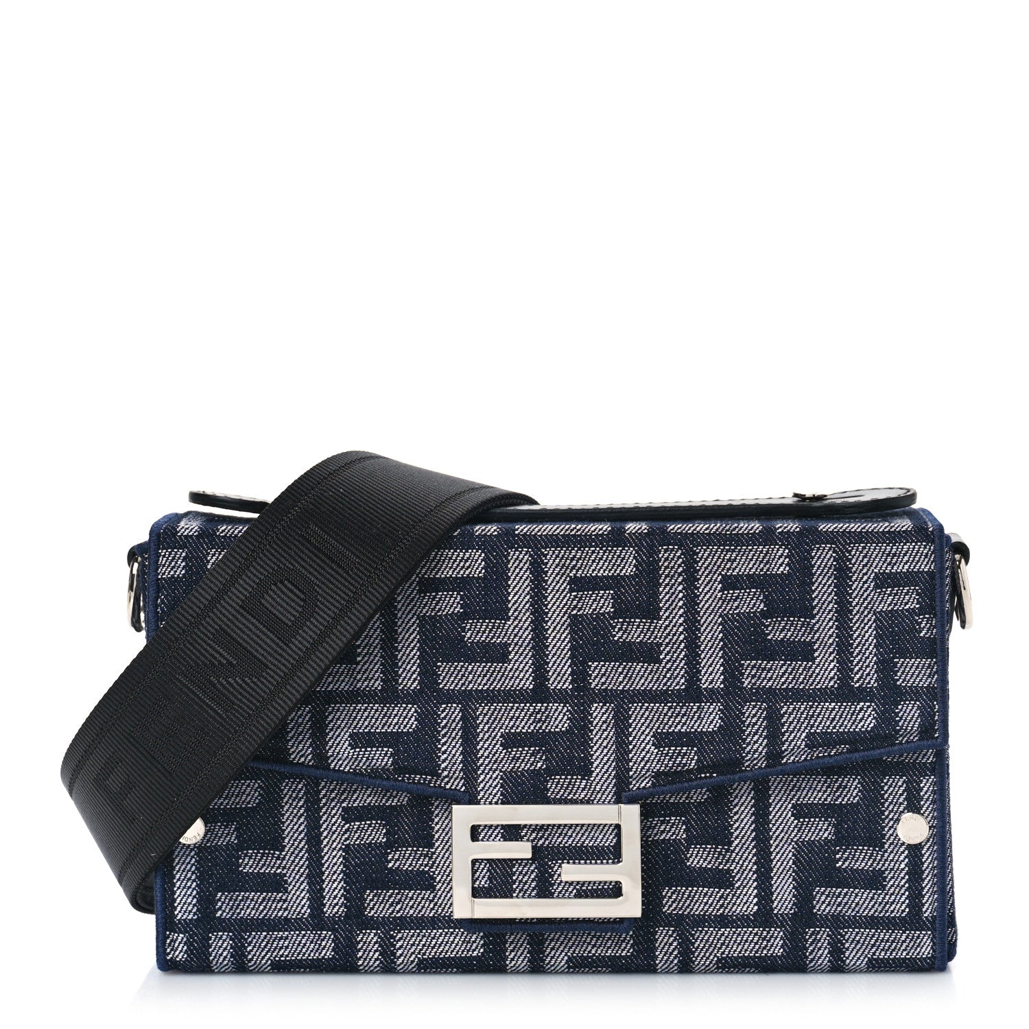Fendi Fabric Jacquard Reactive Jean Denim Vitello Cover FF Baguette Soft Trunk Blue Black 1 of 7