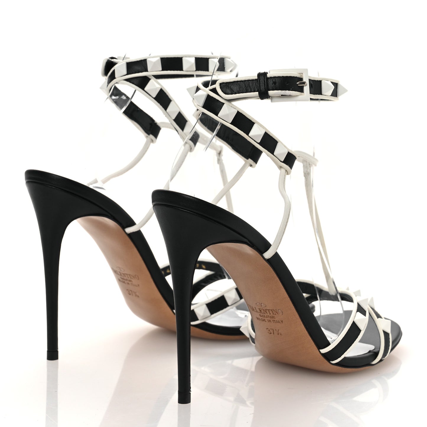 Calfskin Free Rockstud Ankle T-Strap 105mm Sandals 37.5 Black Optic White