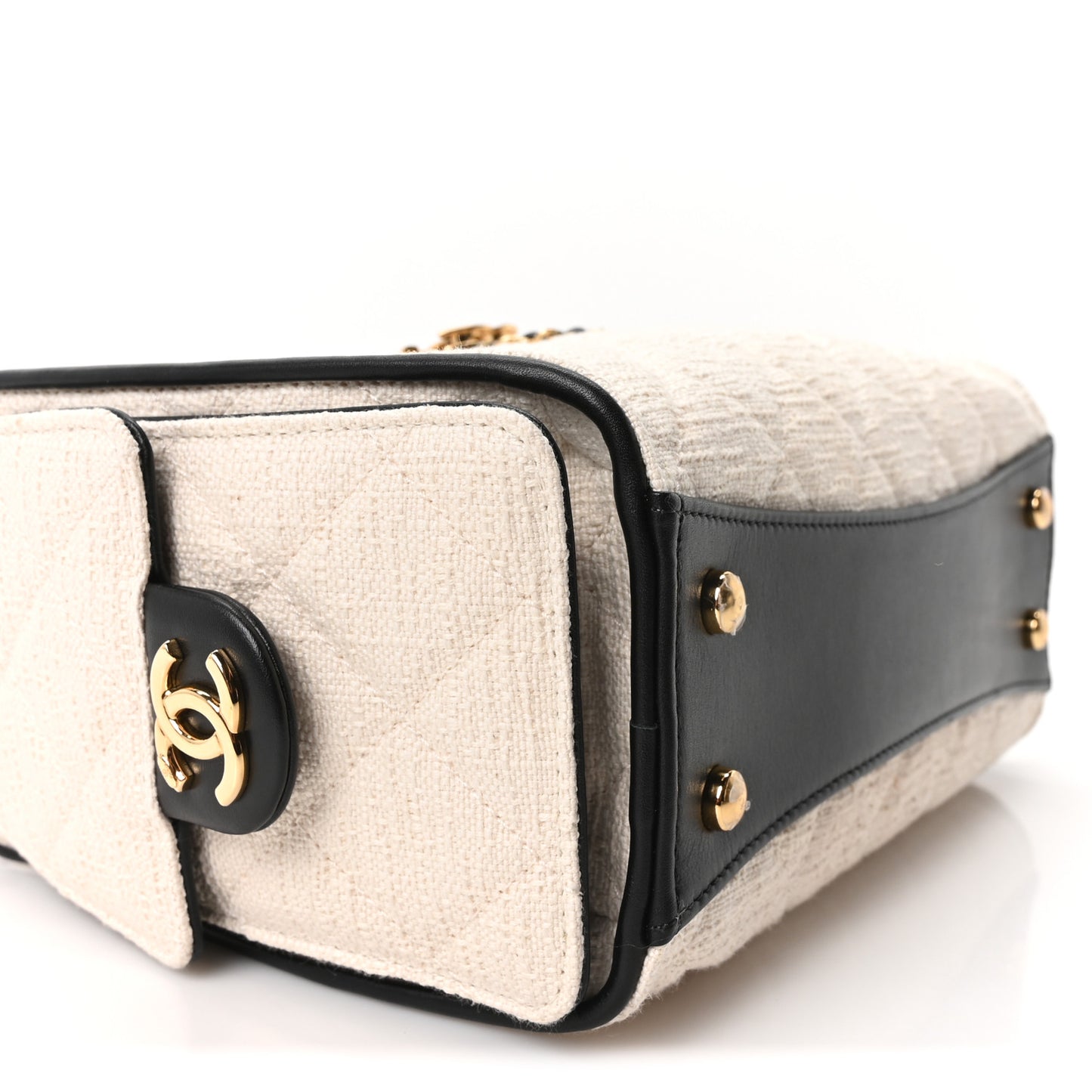 Canvas Calfskin Quilted Mini Chanel 25 Handbag Ecru Black