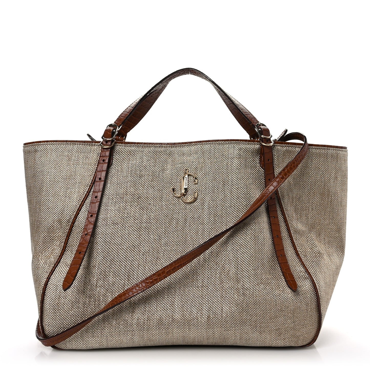Lamé Raffia Crocodile Embossed Trim Varenne Tote Natural Cuoio
