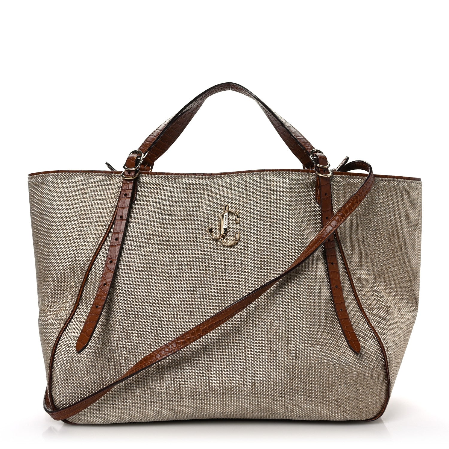 Jimmy Choo Lamé Raffia Crocodile Embossed Trim Varenne Tote Natural Cuoio 1 of 8
