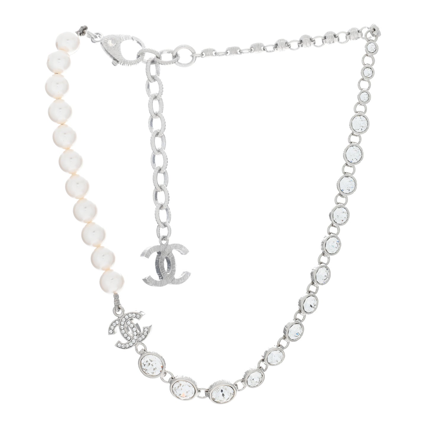 Pearl Crystal CC Choker Necklace Silver