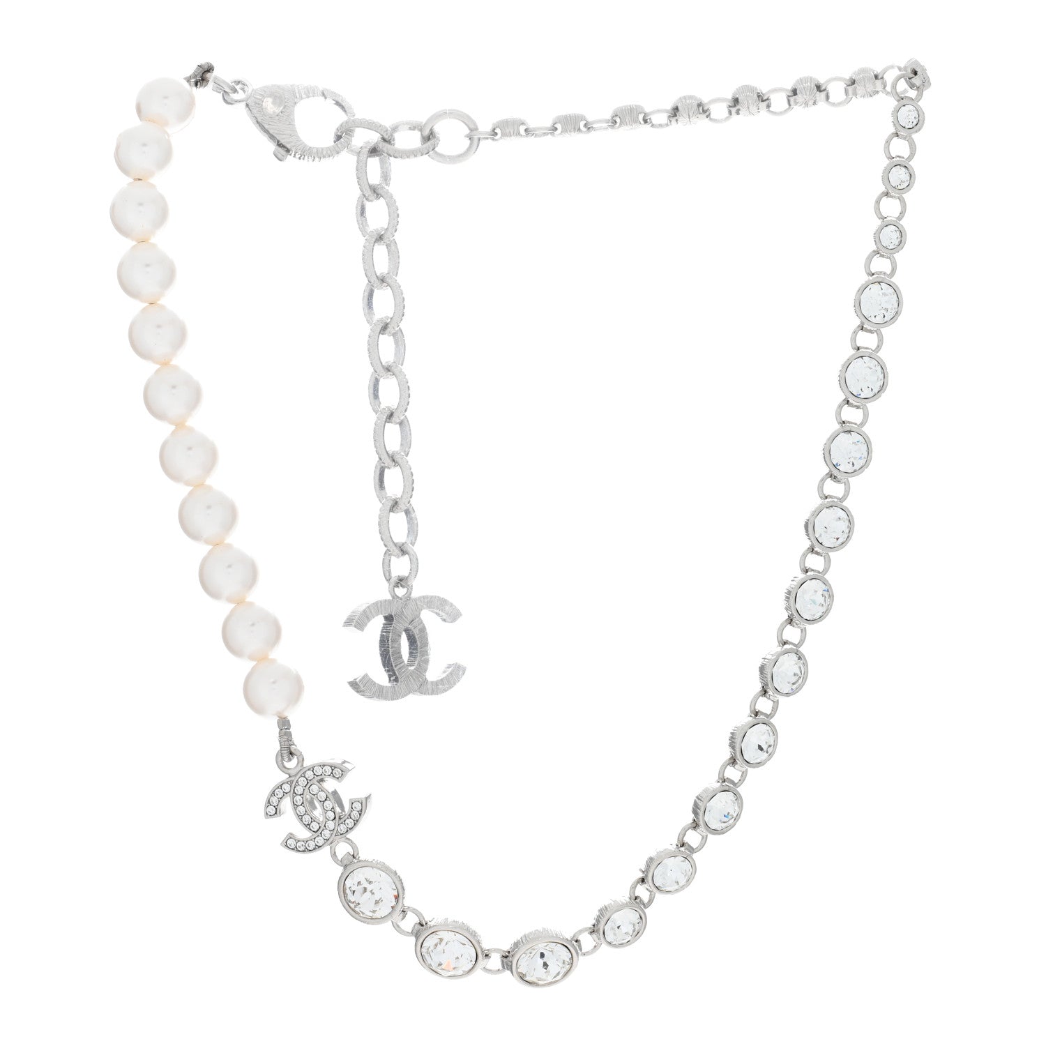 Chanel Pearl Crystal CC Choker Necklace Silver 2 of 4