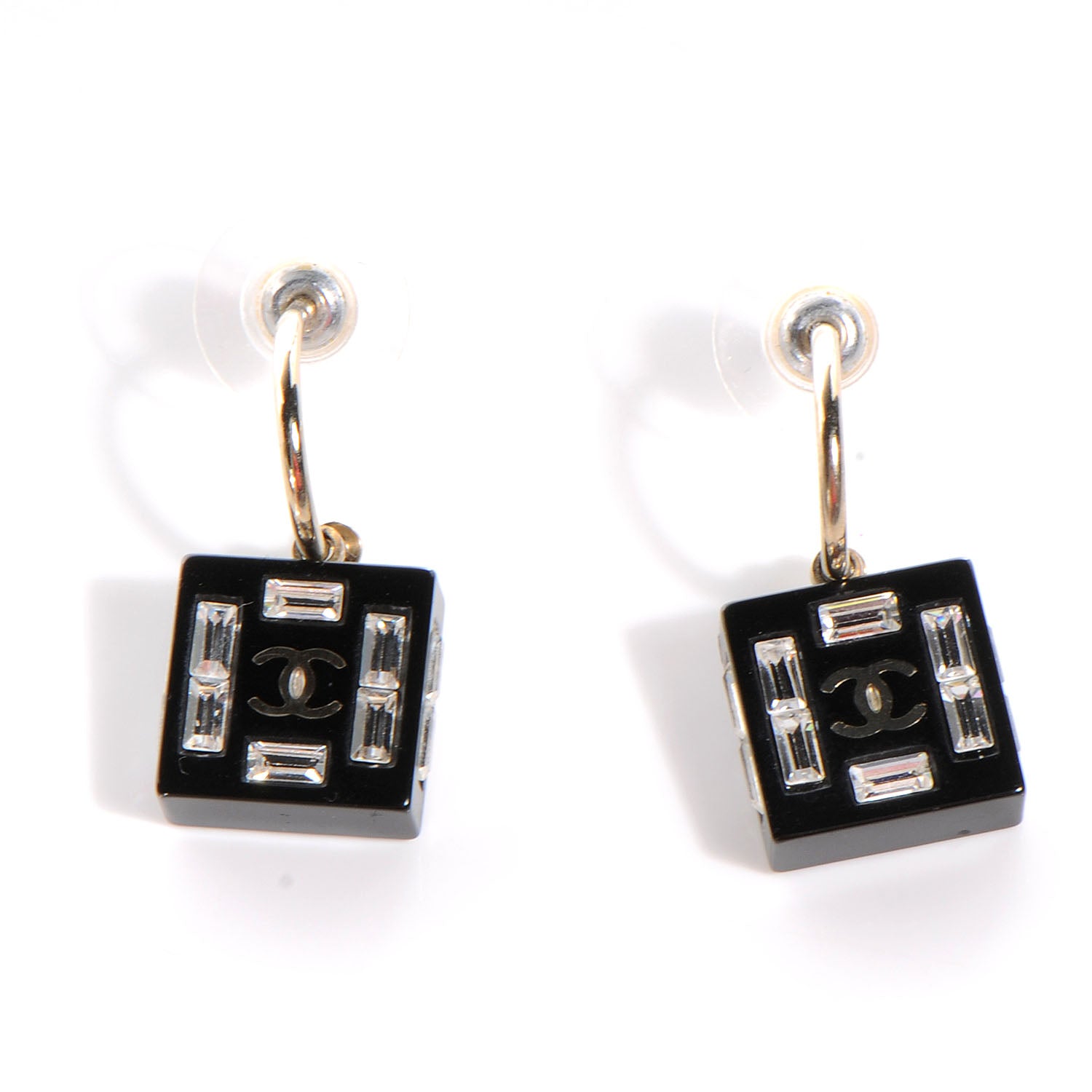 Chanel Resin Baguette Crystal Geometric Square CC Earrings Black 1 of 4