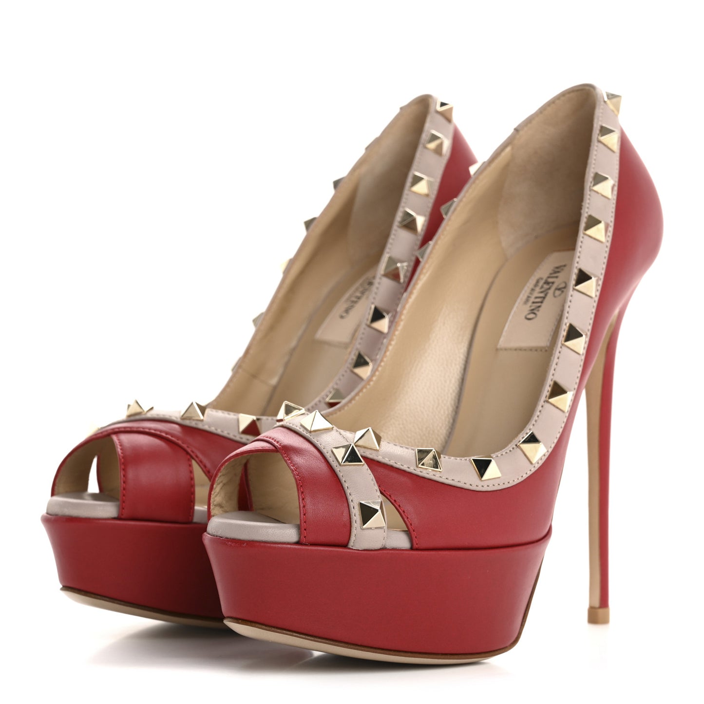 Nappa Rockstud Peep Toe Platform Pumps 36 Poudre Rosso