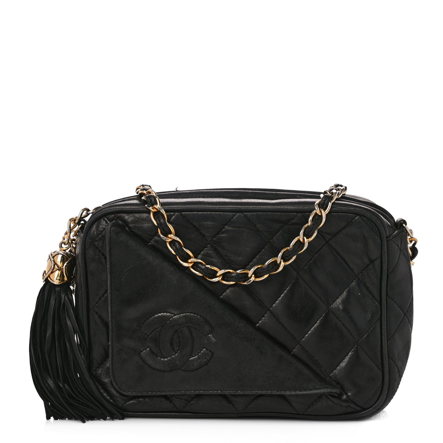 Lambskin Quilted Tassel Camera Case Black