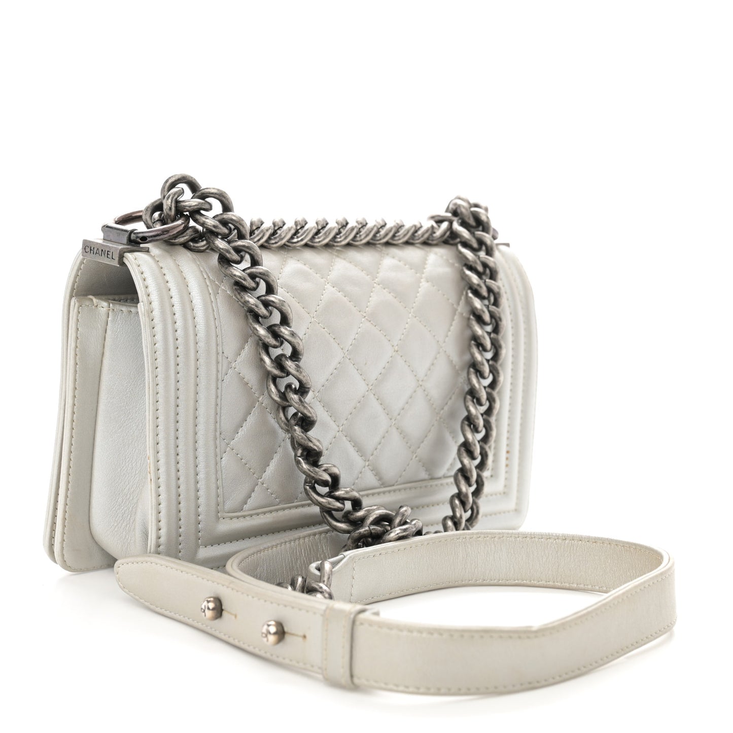 Metallic Lambskin Quilted Small Boy Flap Silver