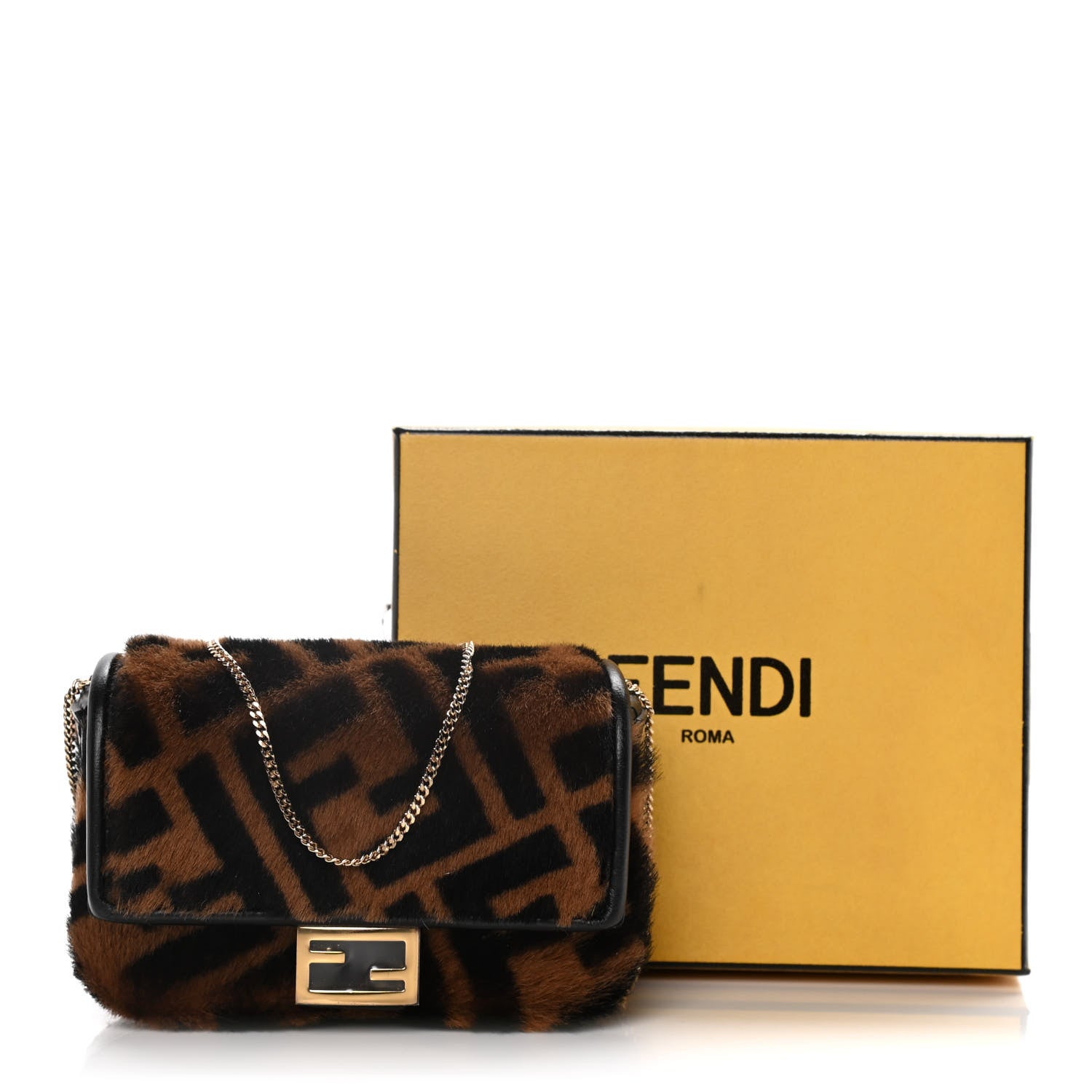 Fendi Sheared Sheepskin Vitello King FF Nano Baguette Charm Tobacco Moro Black 12 of 12