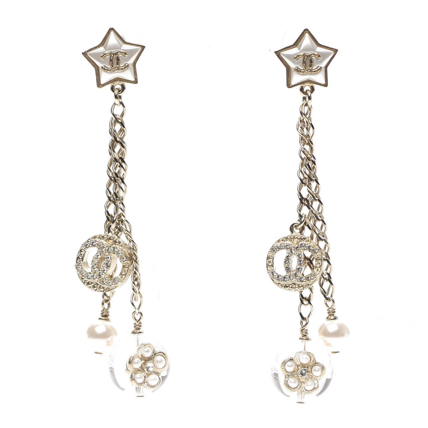 Crystal Pearl Resin CC Star Dangle Earrings Gold