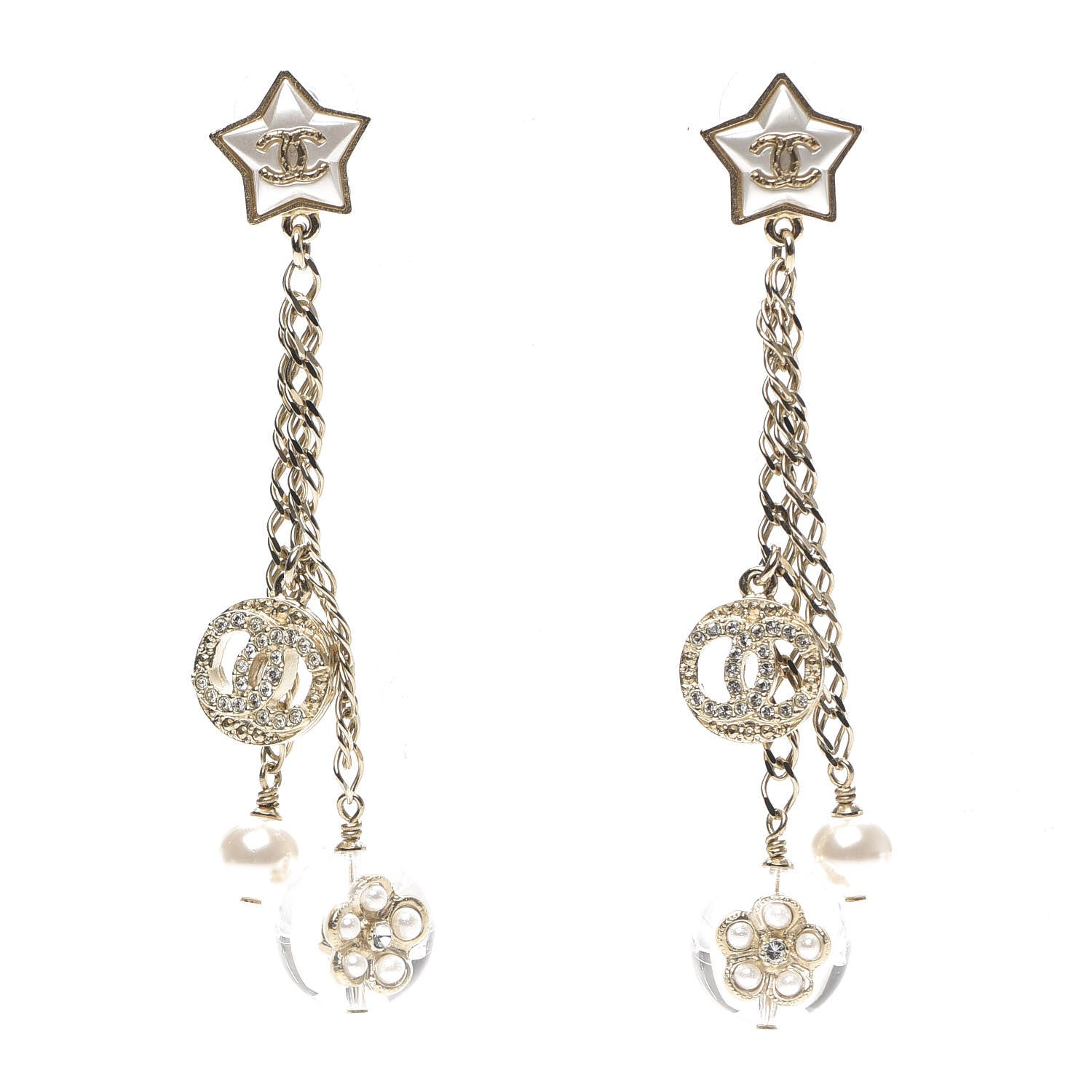 Chanel Crystal Pearl Resin CC Star Dangle Earrings Gold 1 of 5