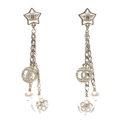 Chanel Crystal Pearl Resin CC Star Dangle Earrings Gold 1 of 5