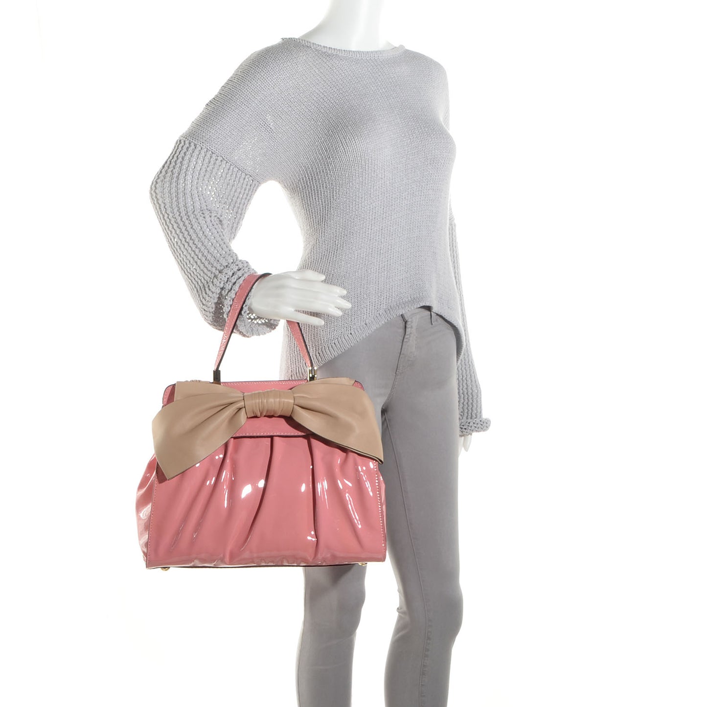 Patent Lacca Nappa Medium Aphrodite Bow Satchel Pink Beige