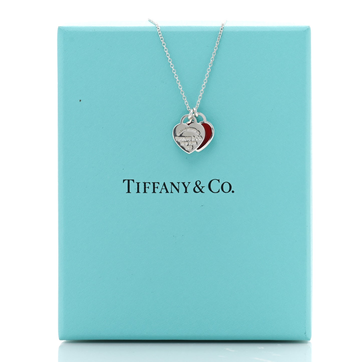 Sterling Silver Enamel Return to Tiffany Double Heart Tag Pendant Necklace Red
