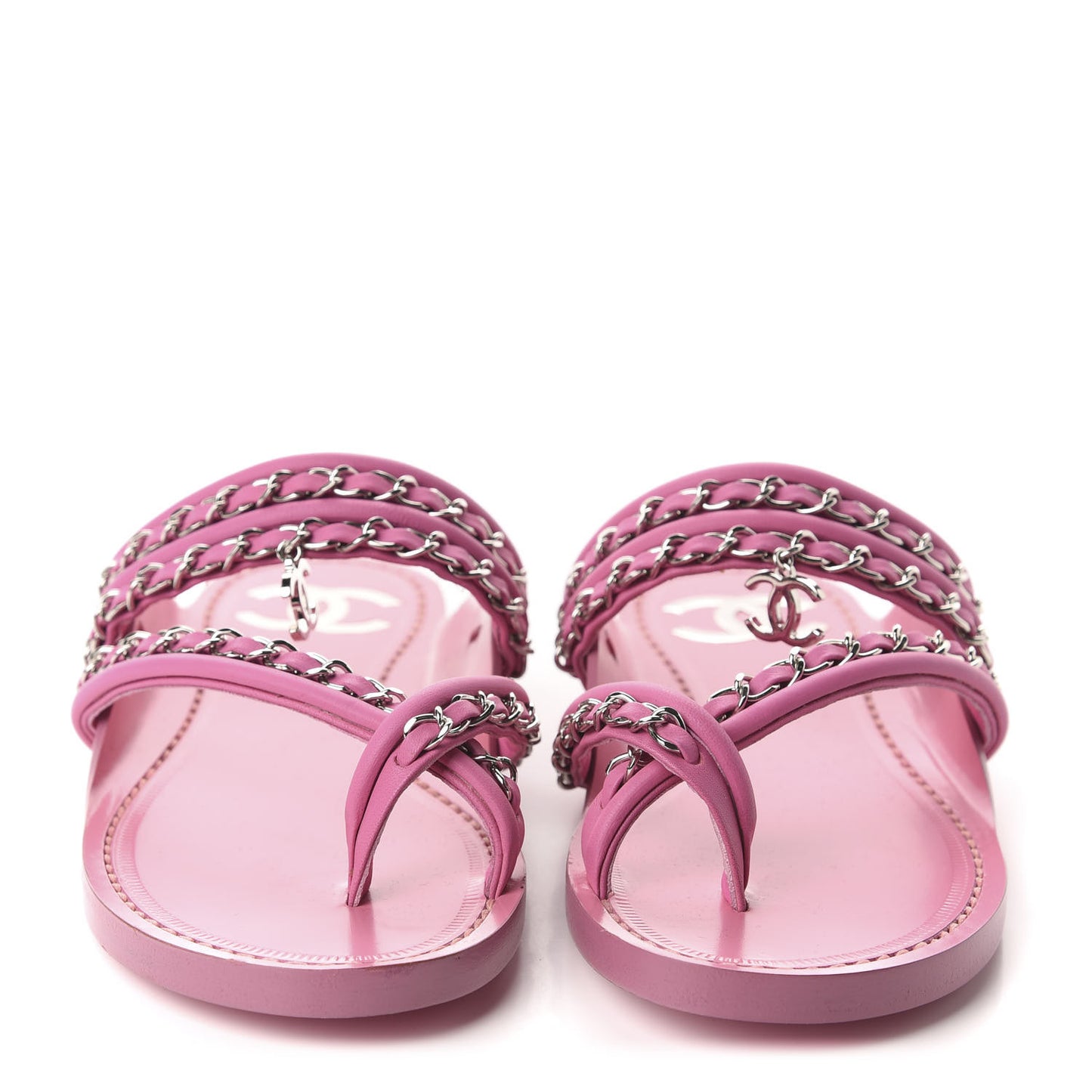 Calfskin Chain CC Thong Flat Sandals 35 Pink