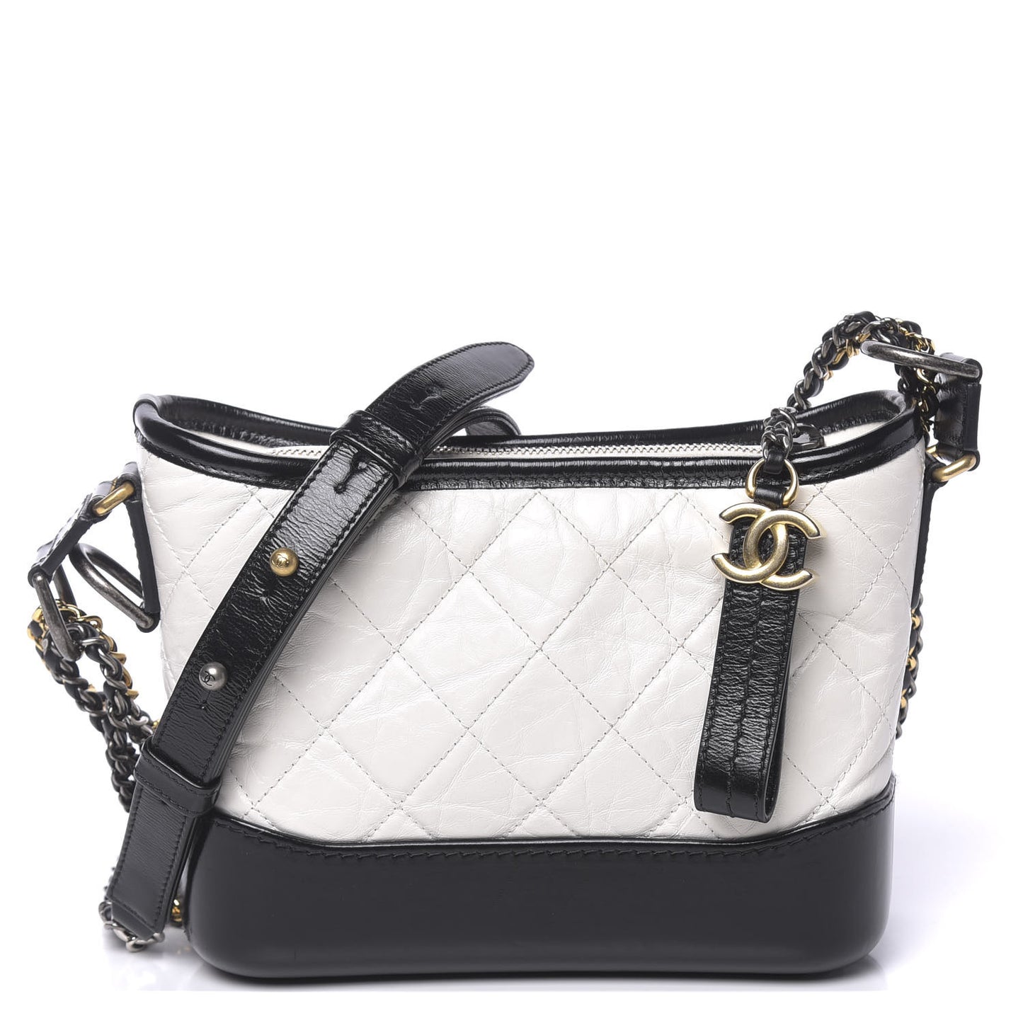 Aged Calfskin Quilted Small Gabrielle Hobo Black White