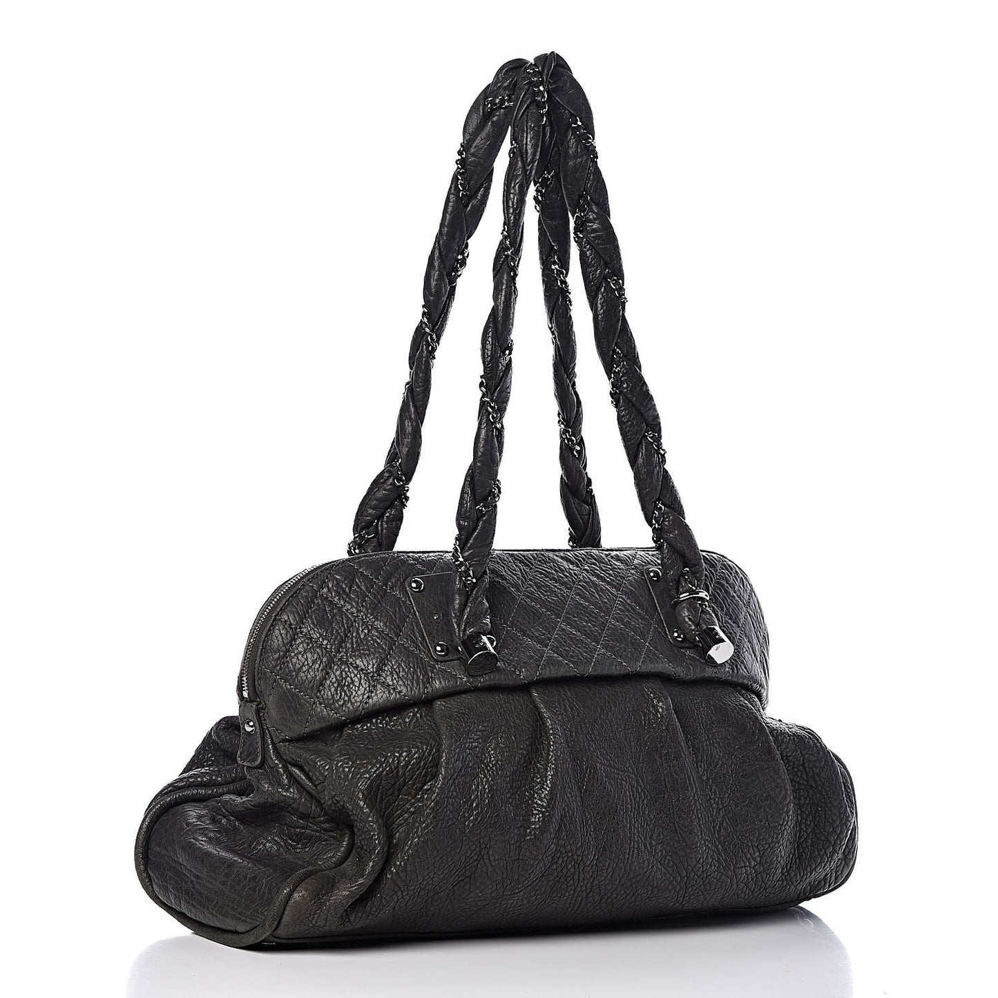 Distressed Lambskin Large Lady Braid Satchel Dark Grey