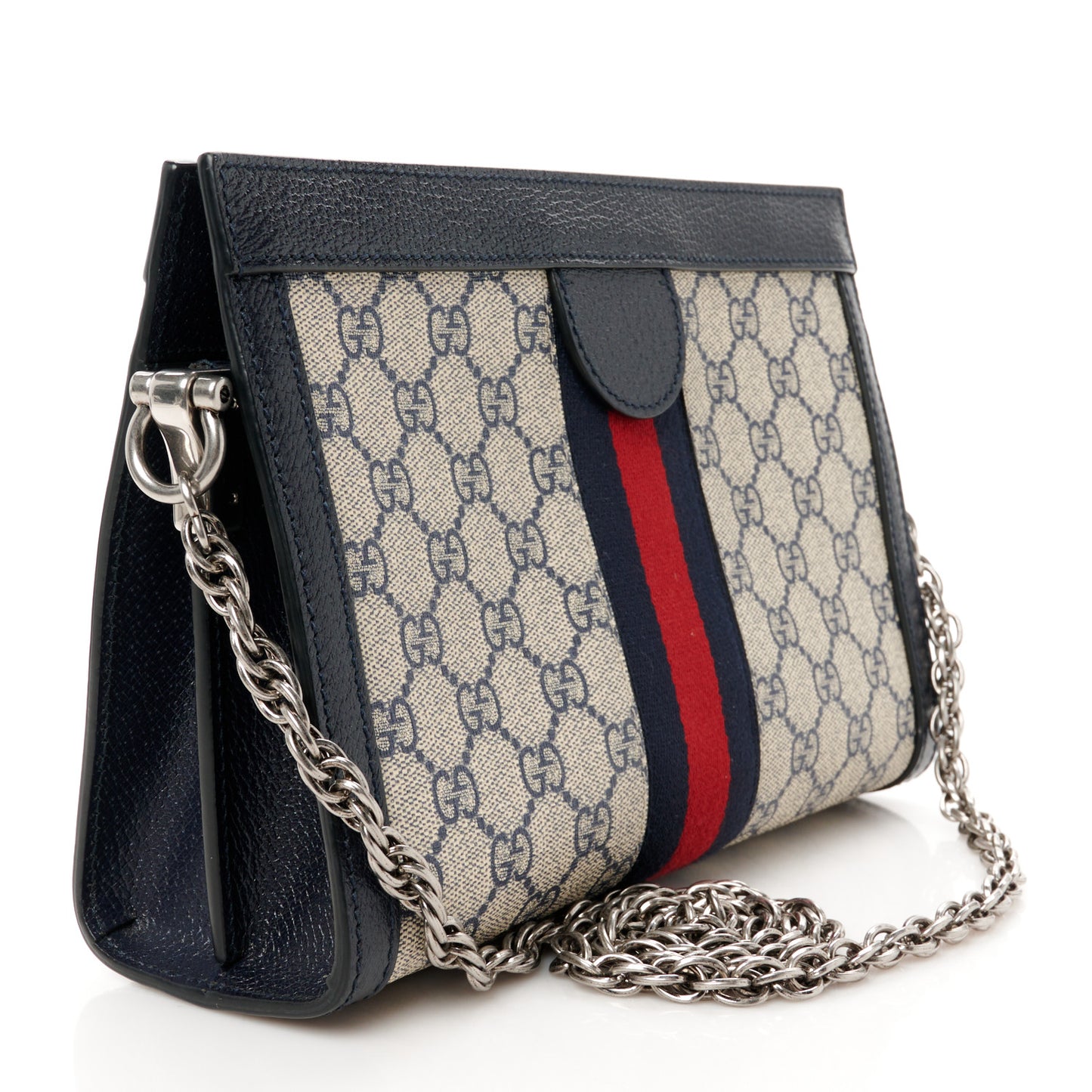 GG Supreme Monogram Textured Dollar Calfskin Web Small Ophidia Chain Shoulder Bag Beige Blue