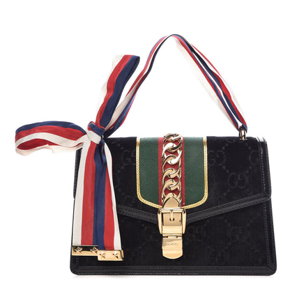 Gucci Velvet GG Monogram Small Sylvie Shoulder Bag Black 1 of 10