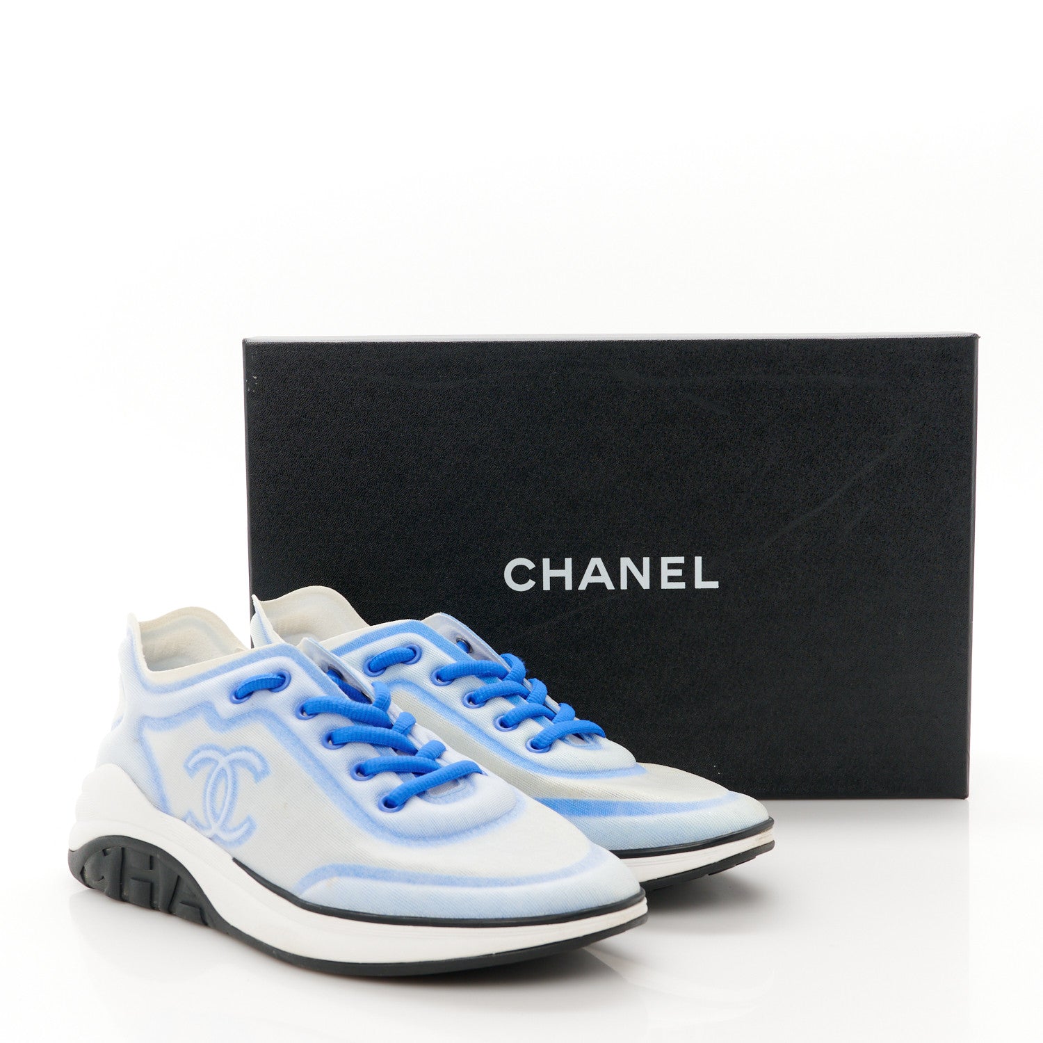 Chanel Calfskin Mesh Lycra Womens Logo Sneakers 39.5 White Blue 9 of 9