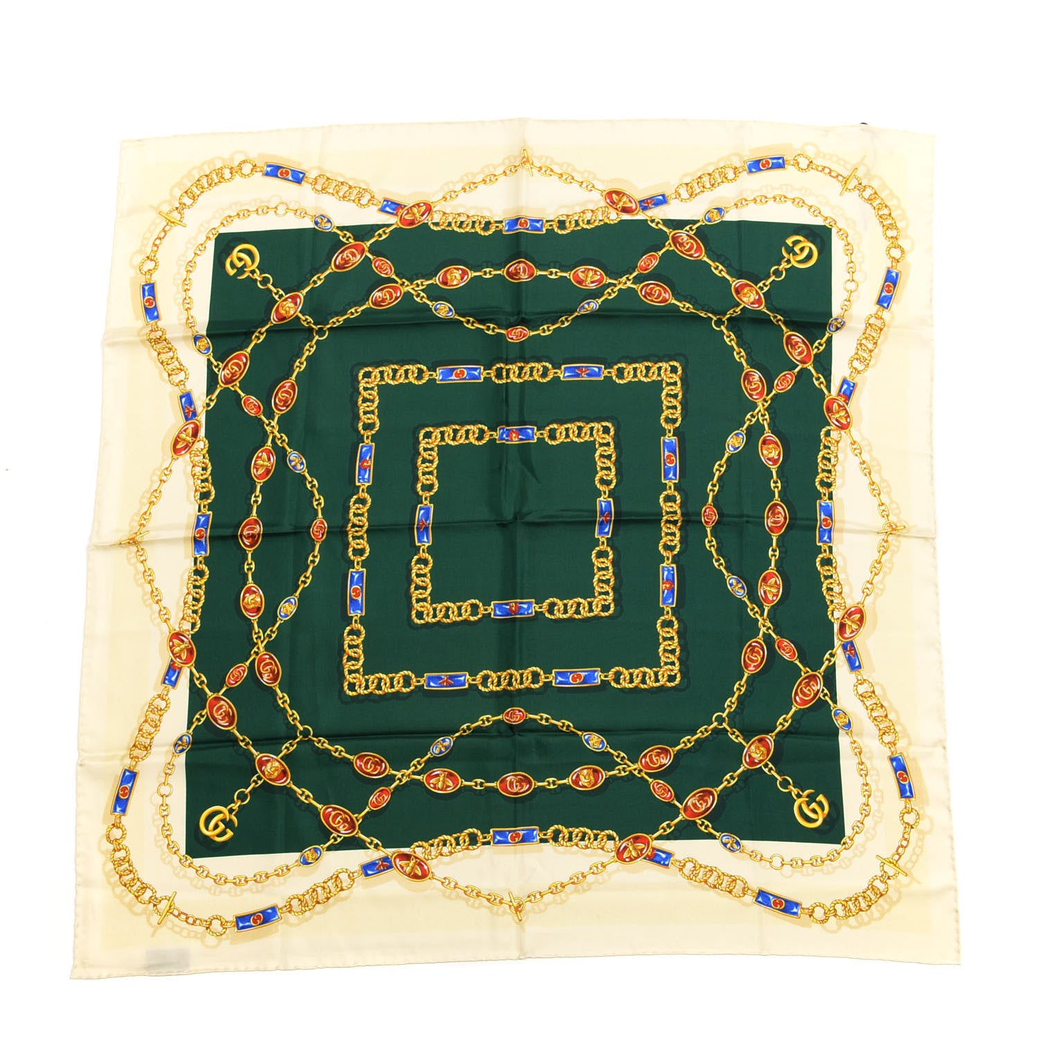 Gucci Silk Twill Chain Print Square Scarf Ivory Dark Green 1 of 6