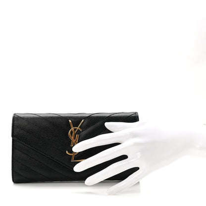 Saint Laurent Grain De Poudre Matelasse Chevron Monogram Flap Wallet Black 2 of 7