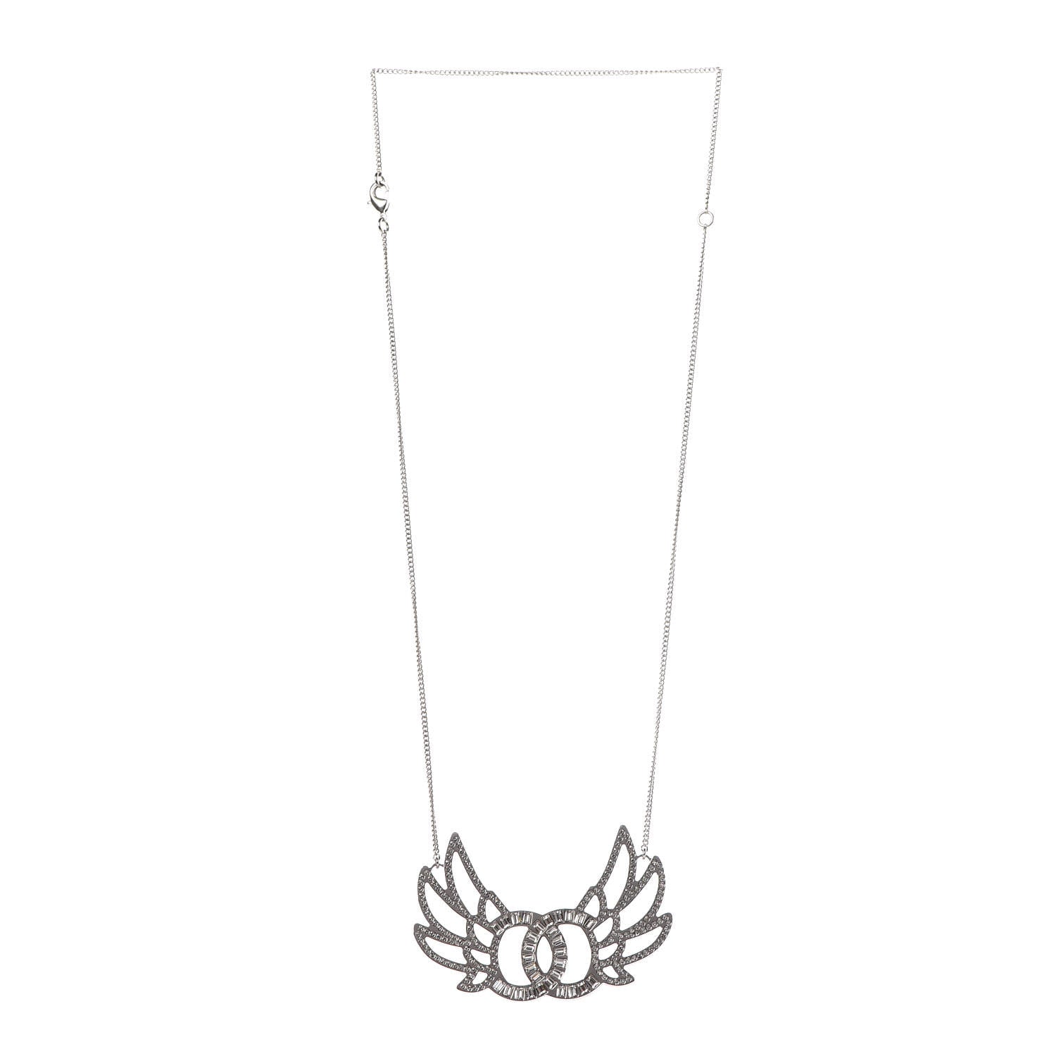 Chanel Baguette Crystal Winged CC Necklace Silver 3 of 6