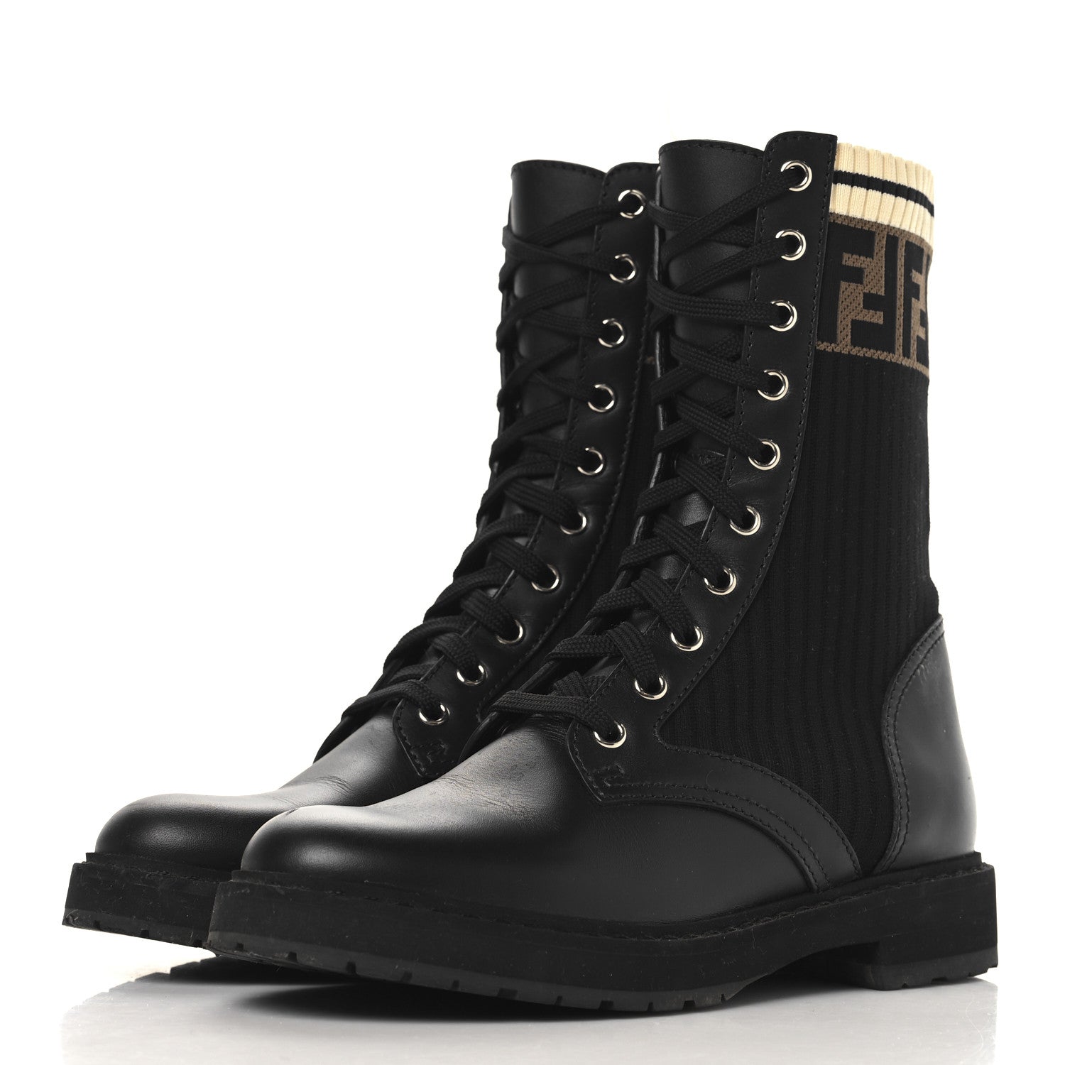 Fendi Calfskin Stretch Fabric Rockoko Biker Boots 36.5 Tobacco