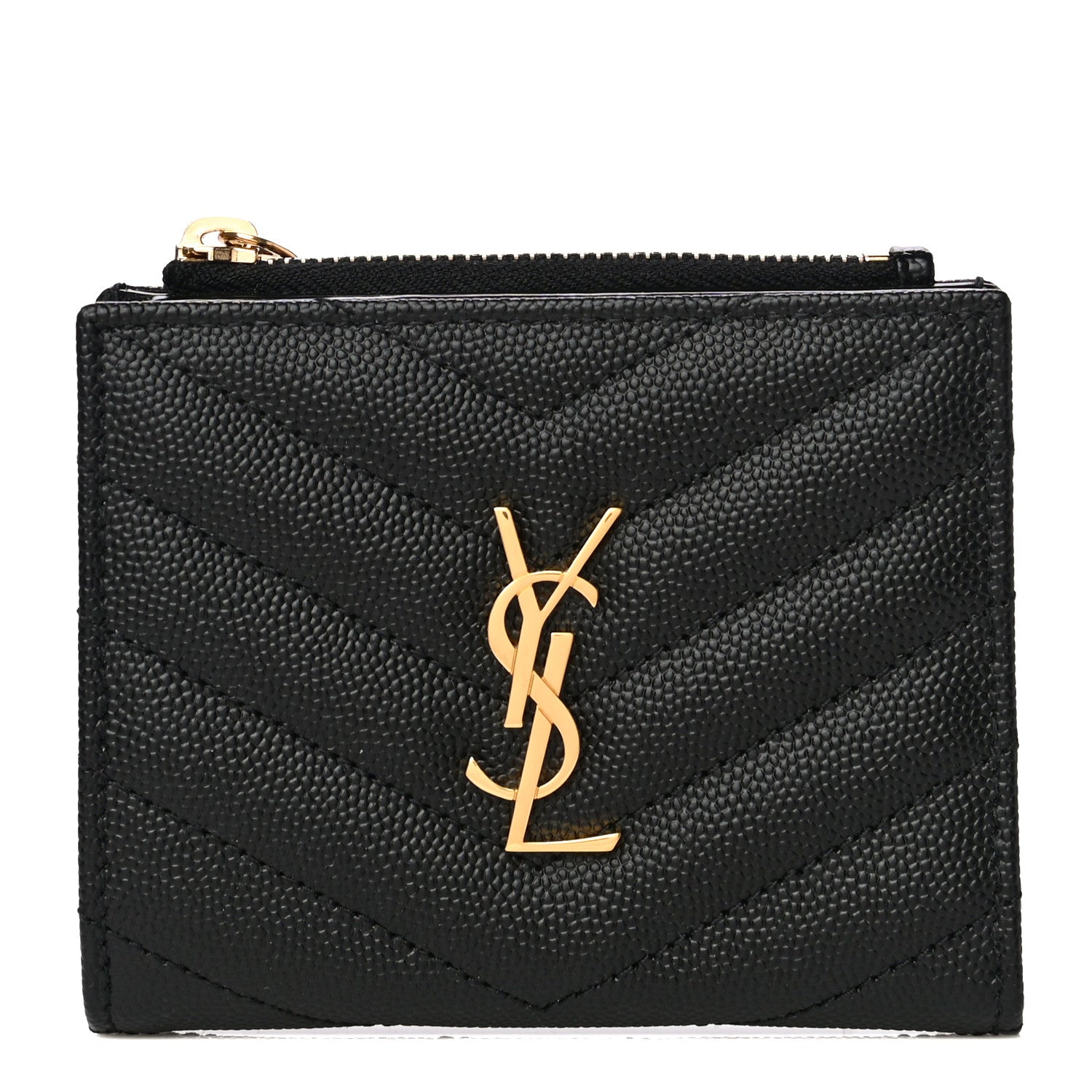Saint Laurent Grain De Poudre Matelasse Chevron Monogram Zipped Card Case Black 1 of 10