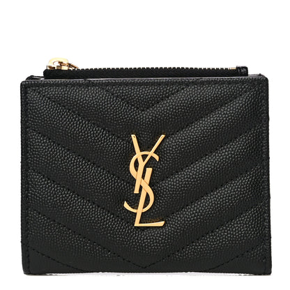 Saint Laurent Grain De Poudre Matelasse Chevron Monogram Zipped Card Case Black 1 of 10