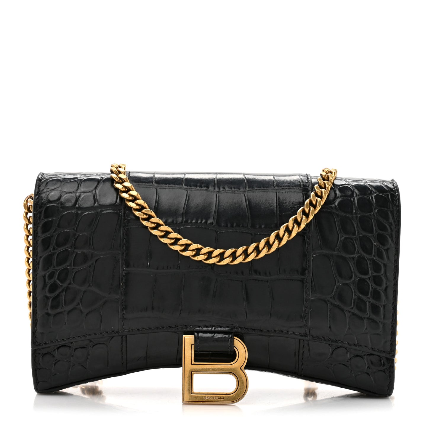 Shiny Calfskin Crocodile Embossed Hourglass Chain Bag Black