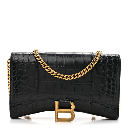 Balenciaga Shiny Calfskin Crocodile Embossed Hourglass Chain Bag Black 1 of 10