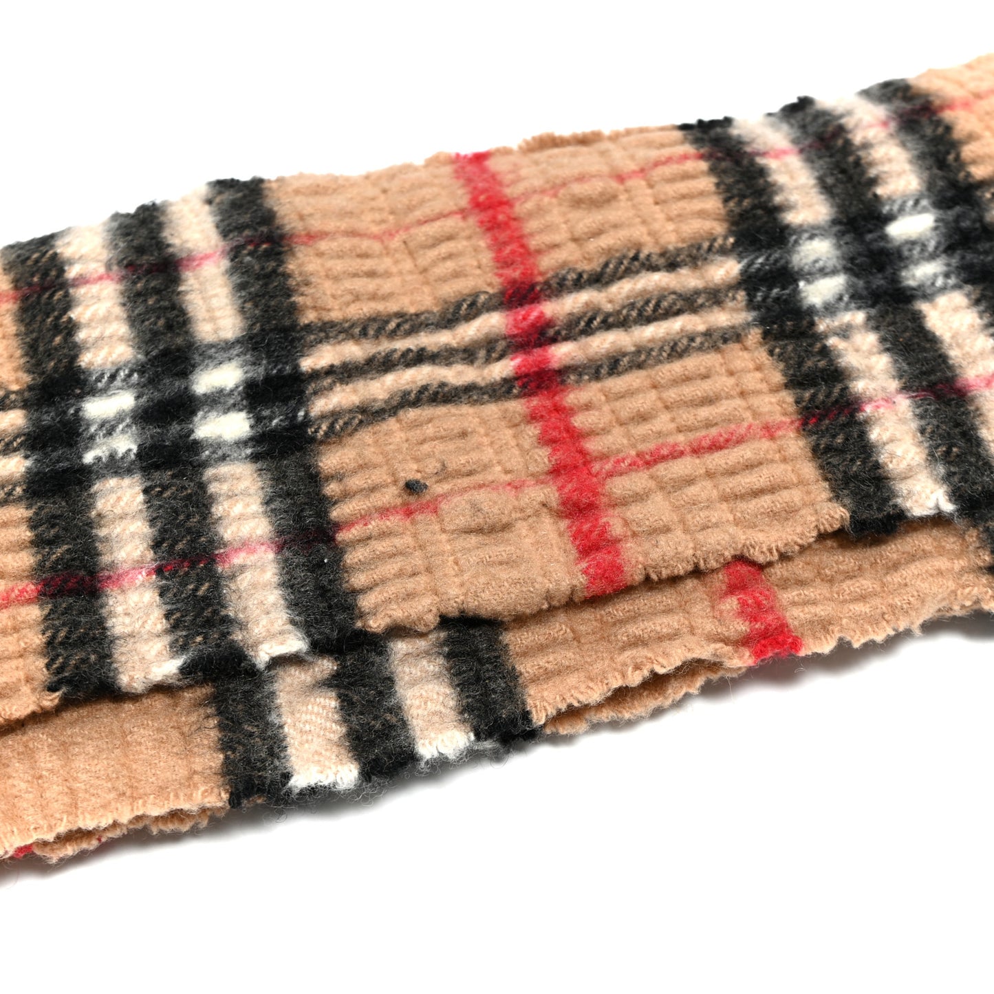 Cashmere Wool Vintage Check Scarf Fringe  Beige