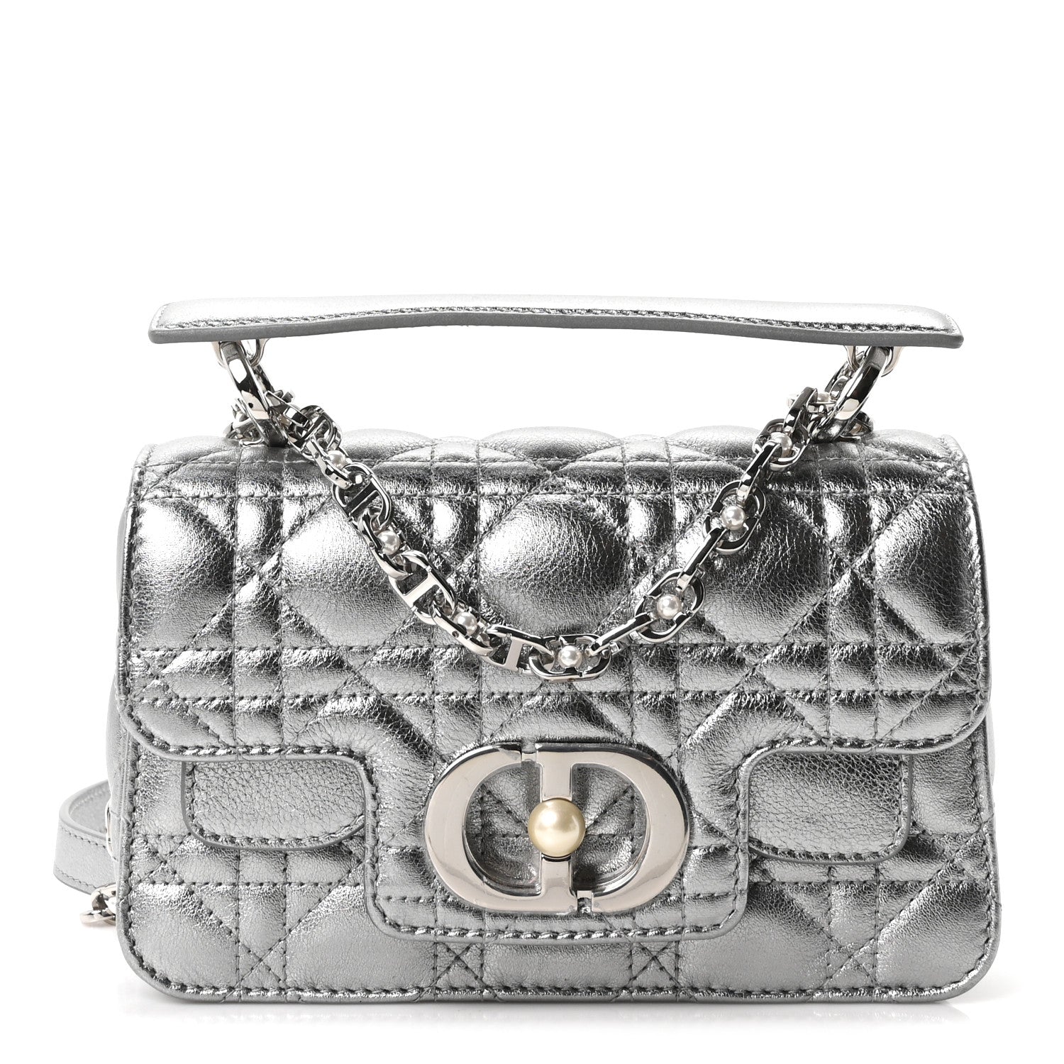 Christian Dior Metallic Lambskin Cannage Mini Jolie Top Handle Bag Silver 1 of 10