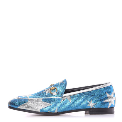 Gucci Lurex Calfskin Starry Sky Womens Jordaan Loafers 38 Bluette Silver 1 of 10