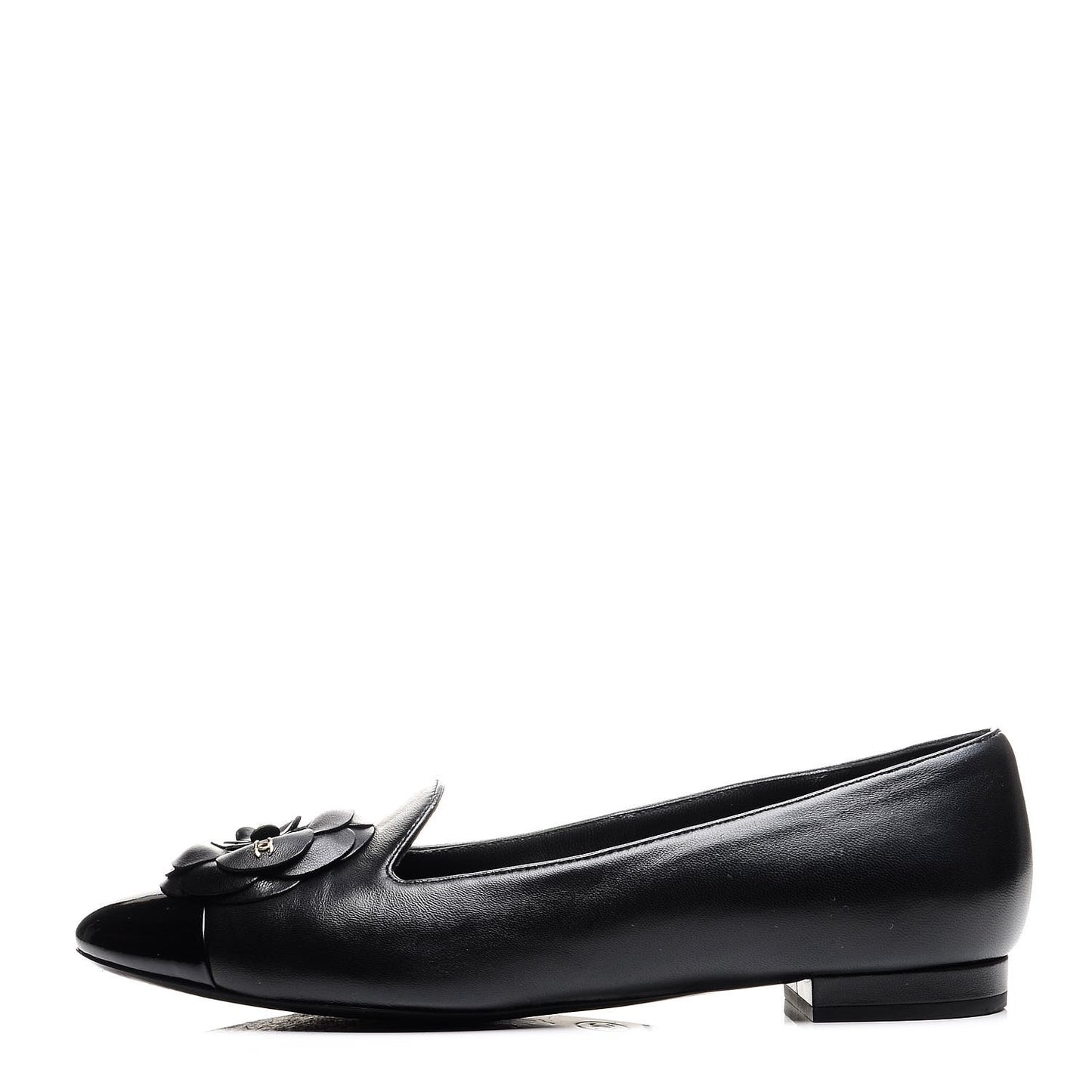 Lambskin Patent Calfskin Camellia Cap Toe Loafers 38 Black