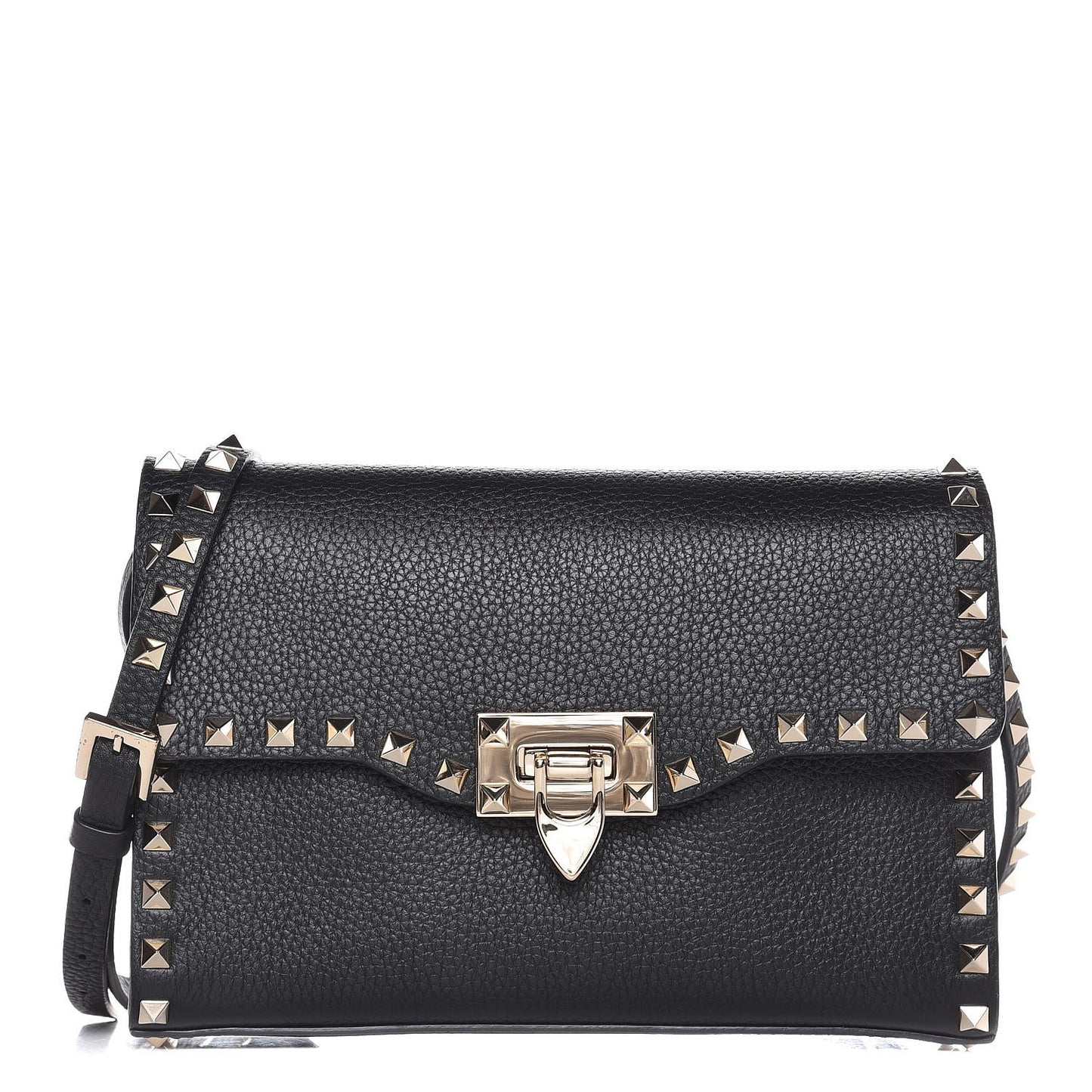 Pebbled Calfskin Medium Rockstud Flip Lock Crossbody Bag Black