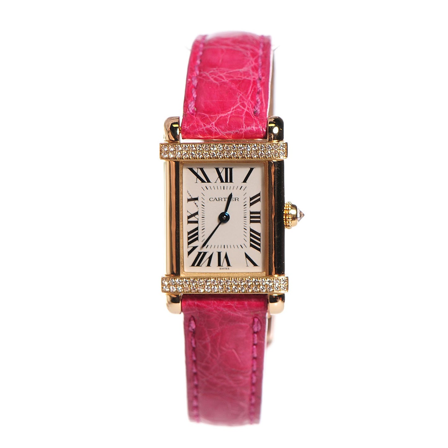 18K Yellow Gold Alligator Diamond 20mm Tank Chinoise Quartz Watch Pink