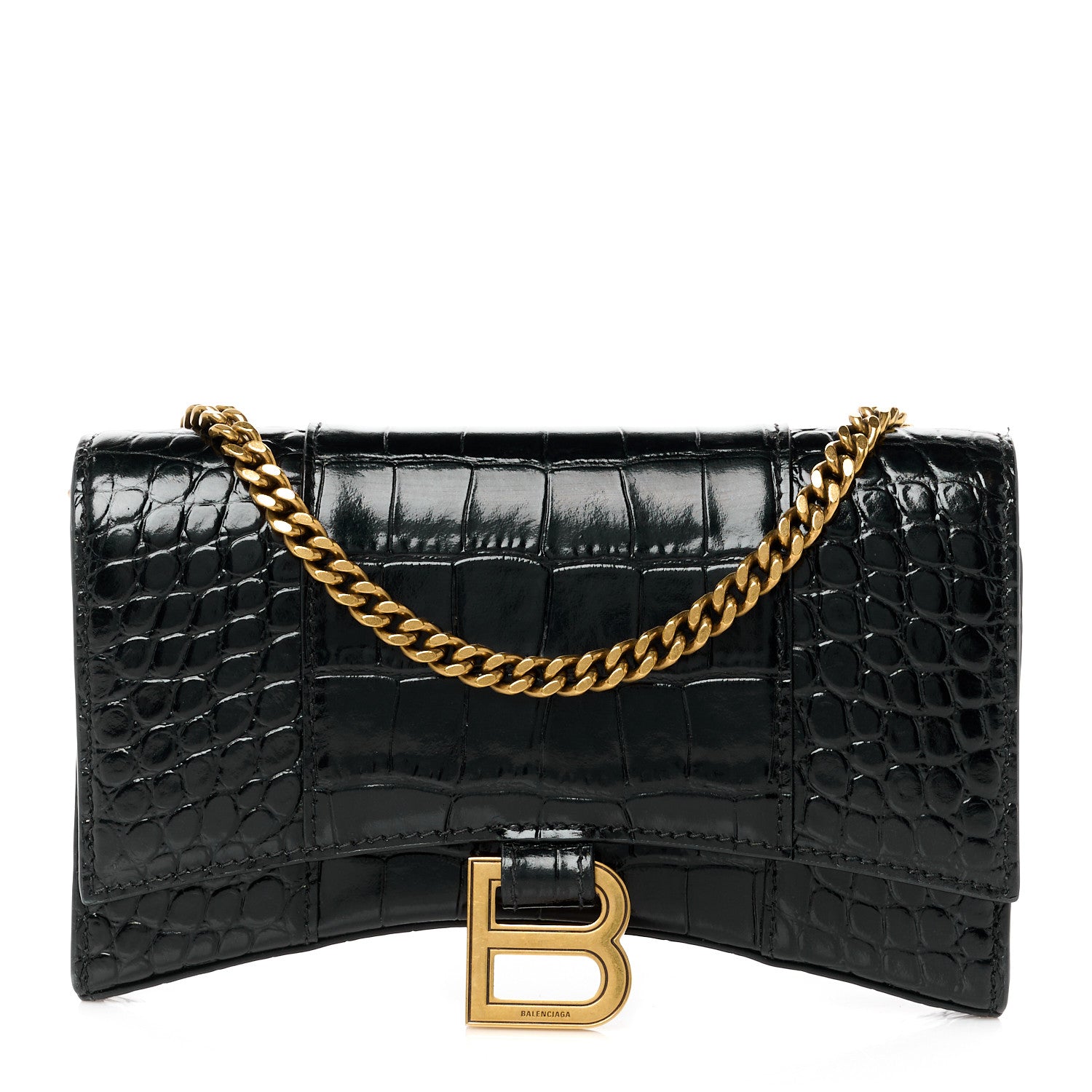 Balenciaga Shiny Calfskin Crocodile Embossed Hourglass Chain Bag Black 1 of 10