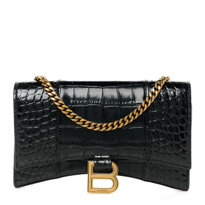 Balenciaga Shiny Calfskin Crocodile Embossed Hourglass Chain Bag Black 1 of 10