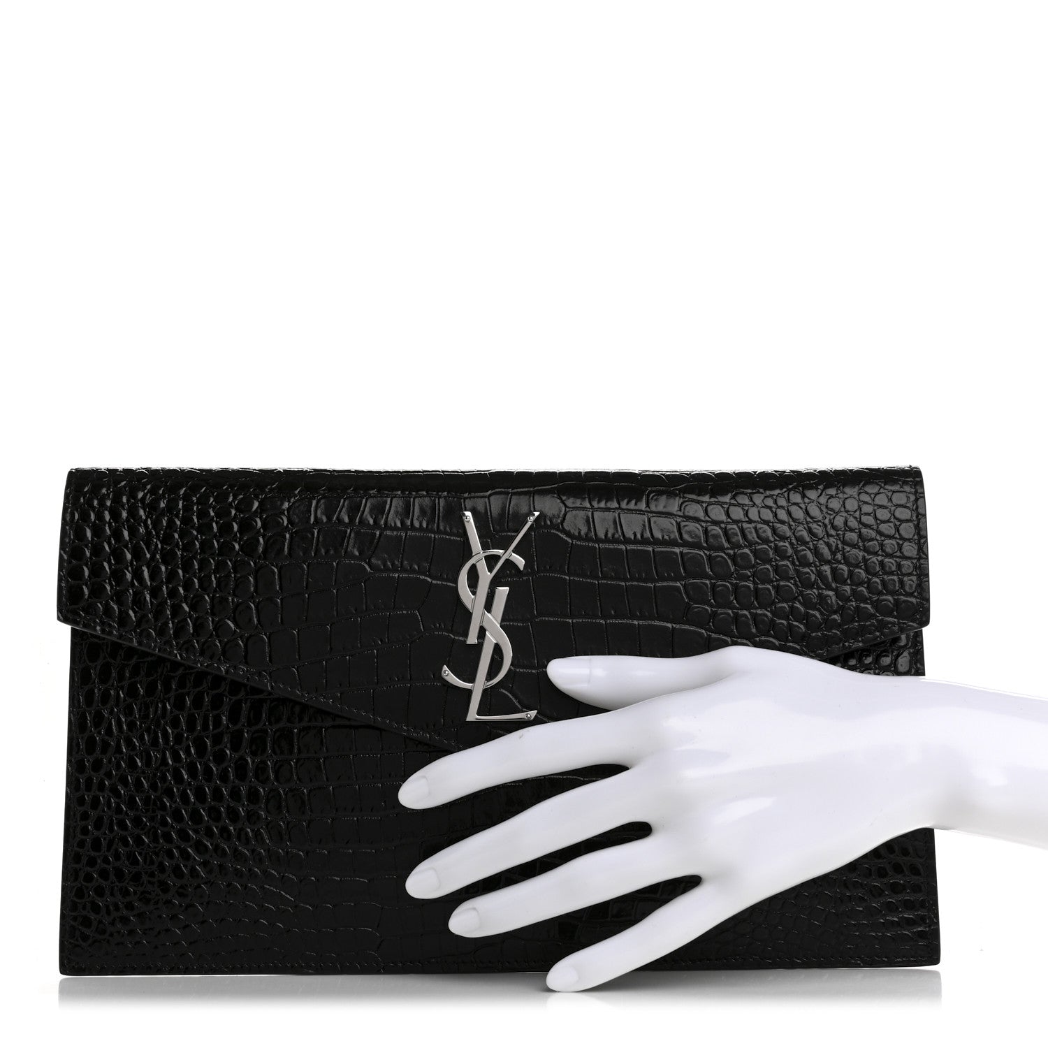 Saint Laurent Calfskin Crocodile Embossed Uptown Monogram Pouch Black 2 of 8