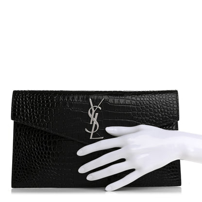 Saint Laurent Calfskin Crocodile Embossed Uptown Monogram Pouch Black 2 of 8