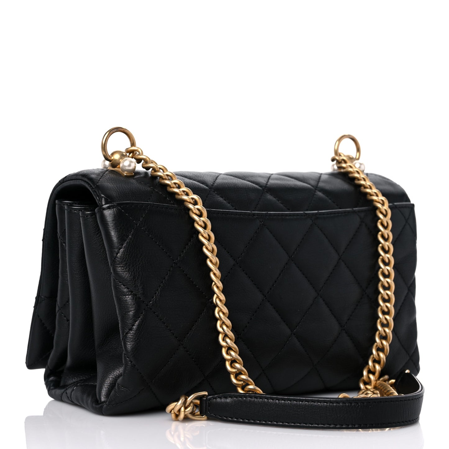 Calfskin Quilted Accordion Pearl CC Small Flap Bag Black