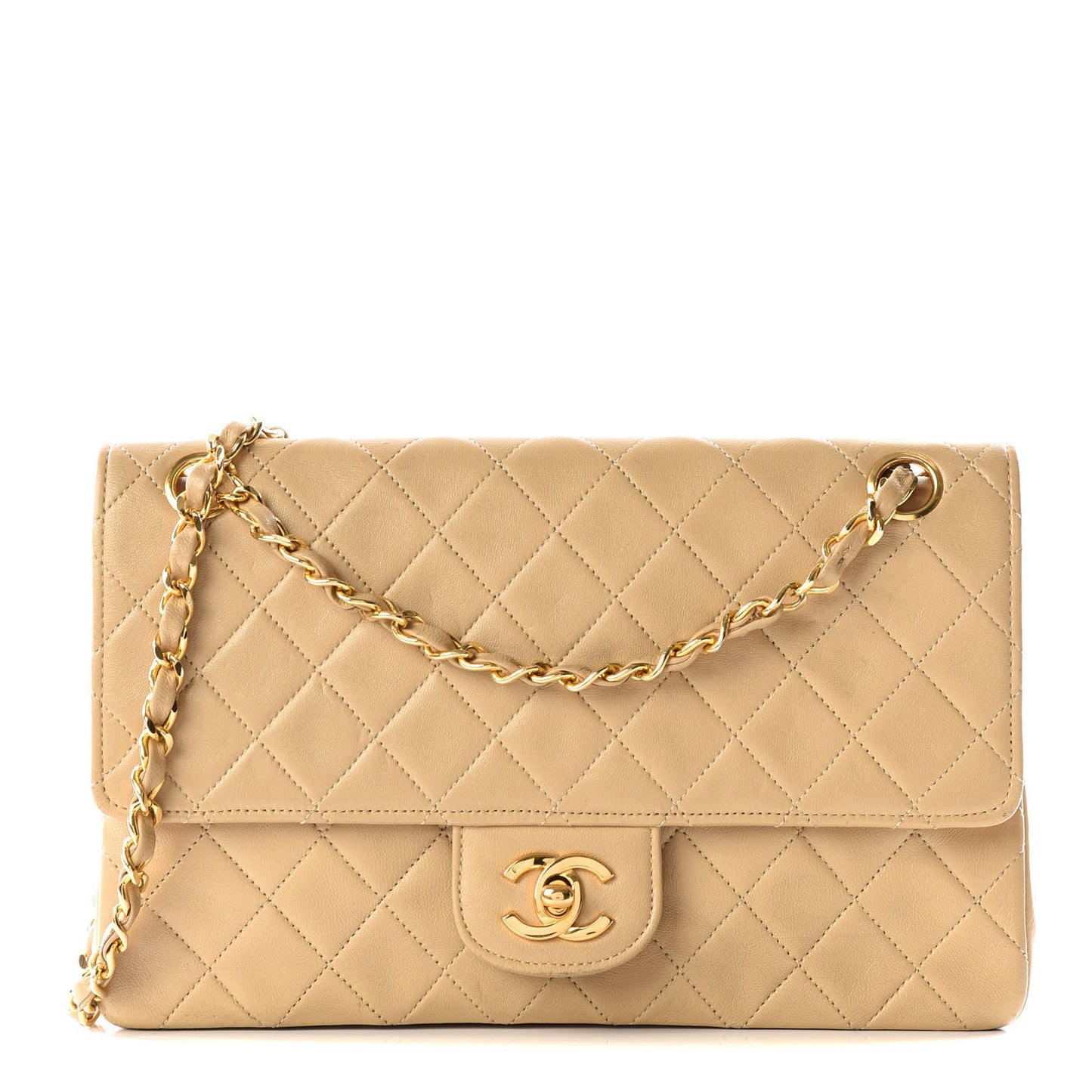 Lambskin Quilted Medium Double Flap Beige