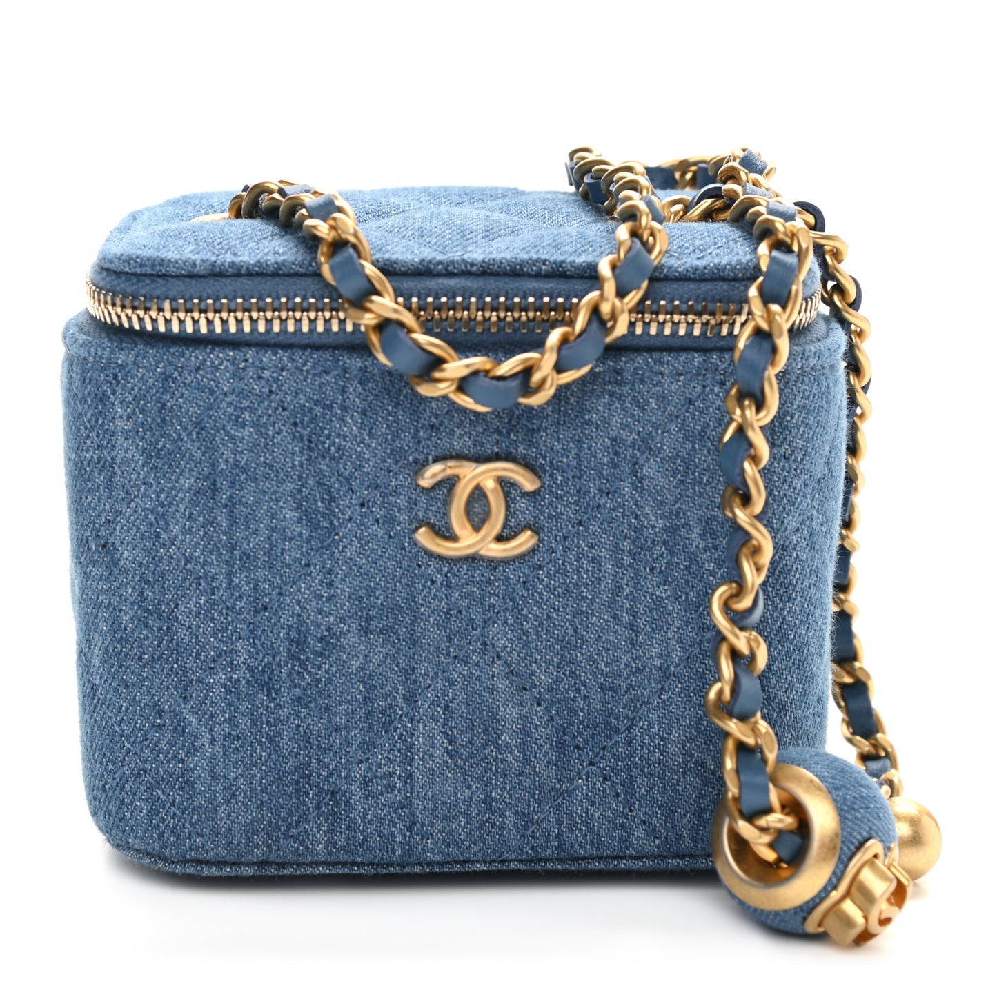 Denim Quilted Mini Pearl Crush Vanity Case With Chain