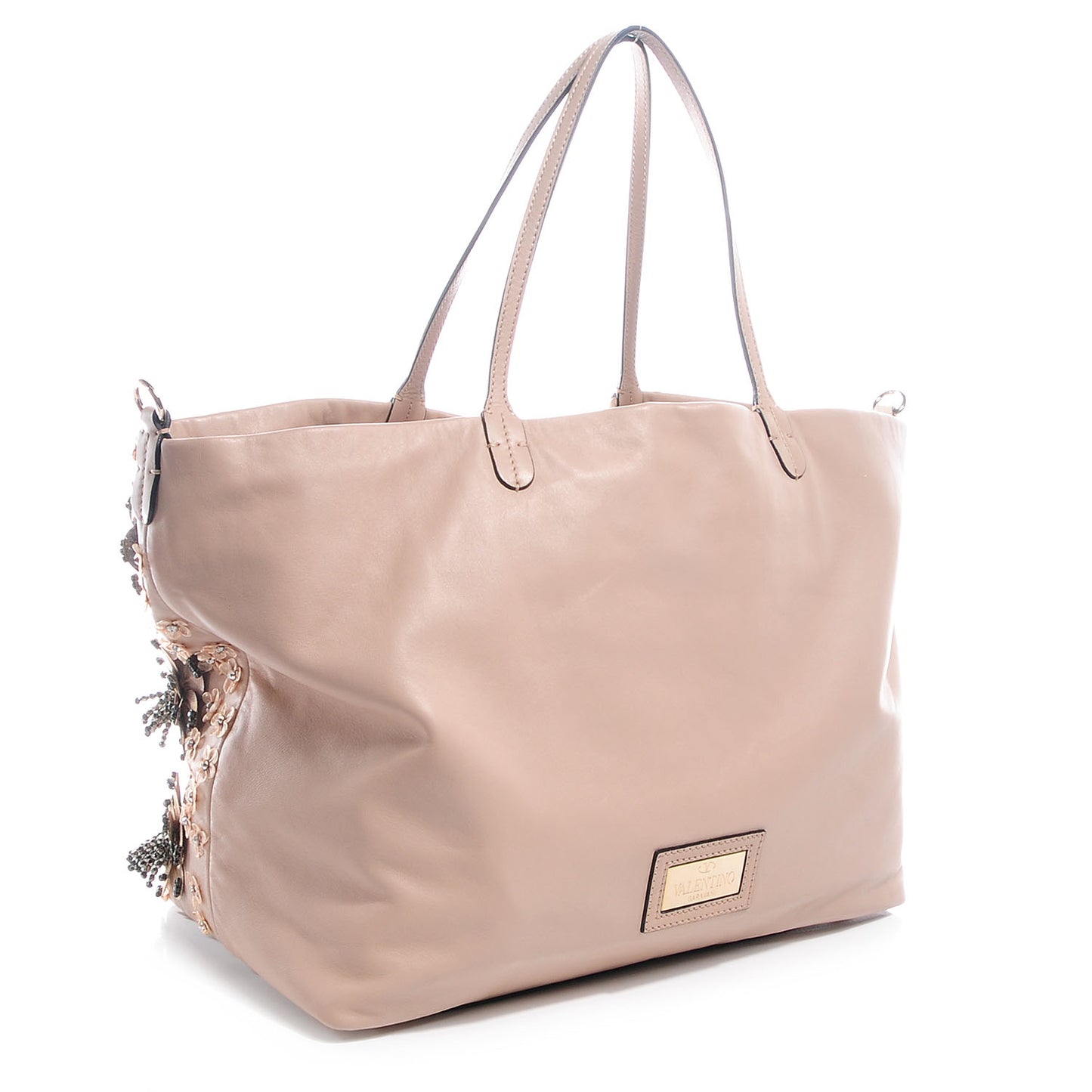 Leather Sequin Beaded Floral Applique Tote Camel